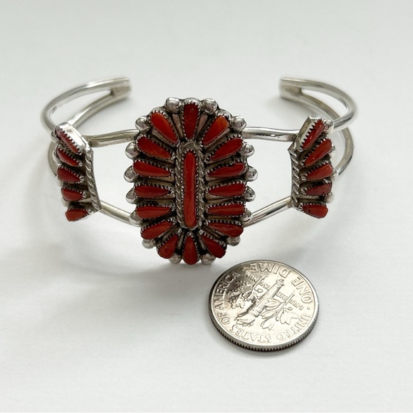 Vintage Milburn Dishta Red Coral Needlepoint Cluster Sterling Silver Cuff - Picture 7 of 11